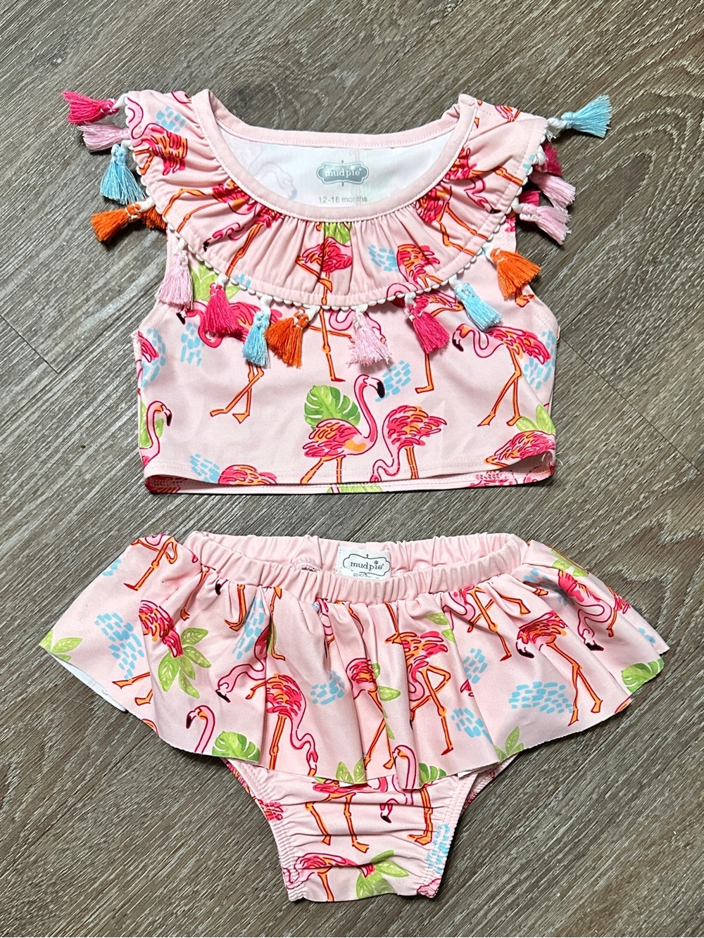 MUD PIE Baby Girl Fringe Swimsuit Tassels Size 12 - 18 months PINK Flamingo VGC